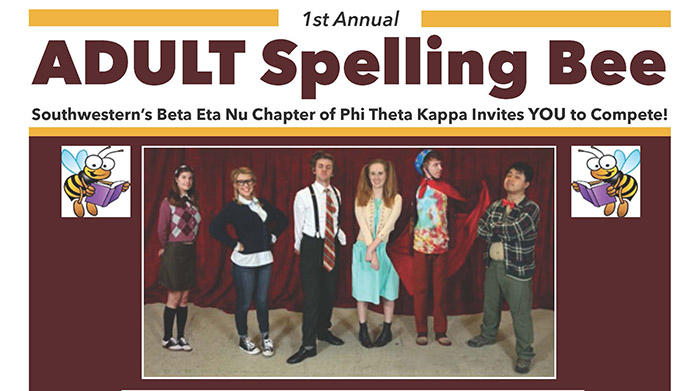 Photo of students dressed up to look studious and ready for a spelling bee