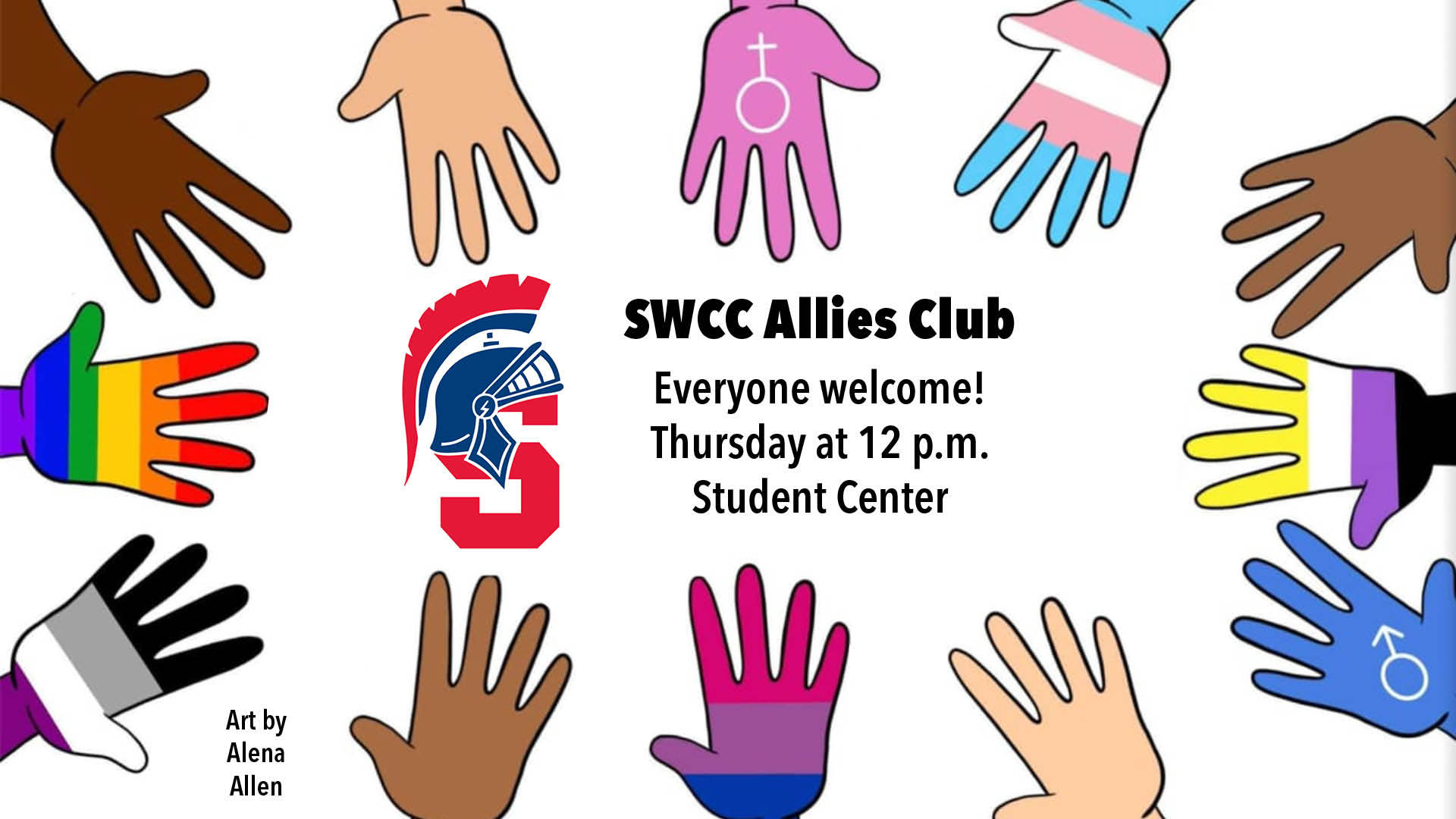 SWCC Allies Club flyer with meeting date and time, as well as illustrations of hands from a variety of individuals