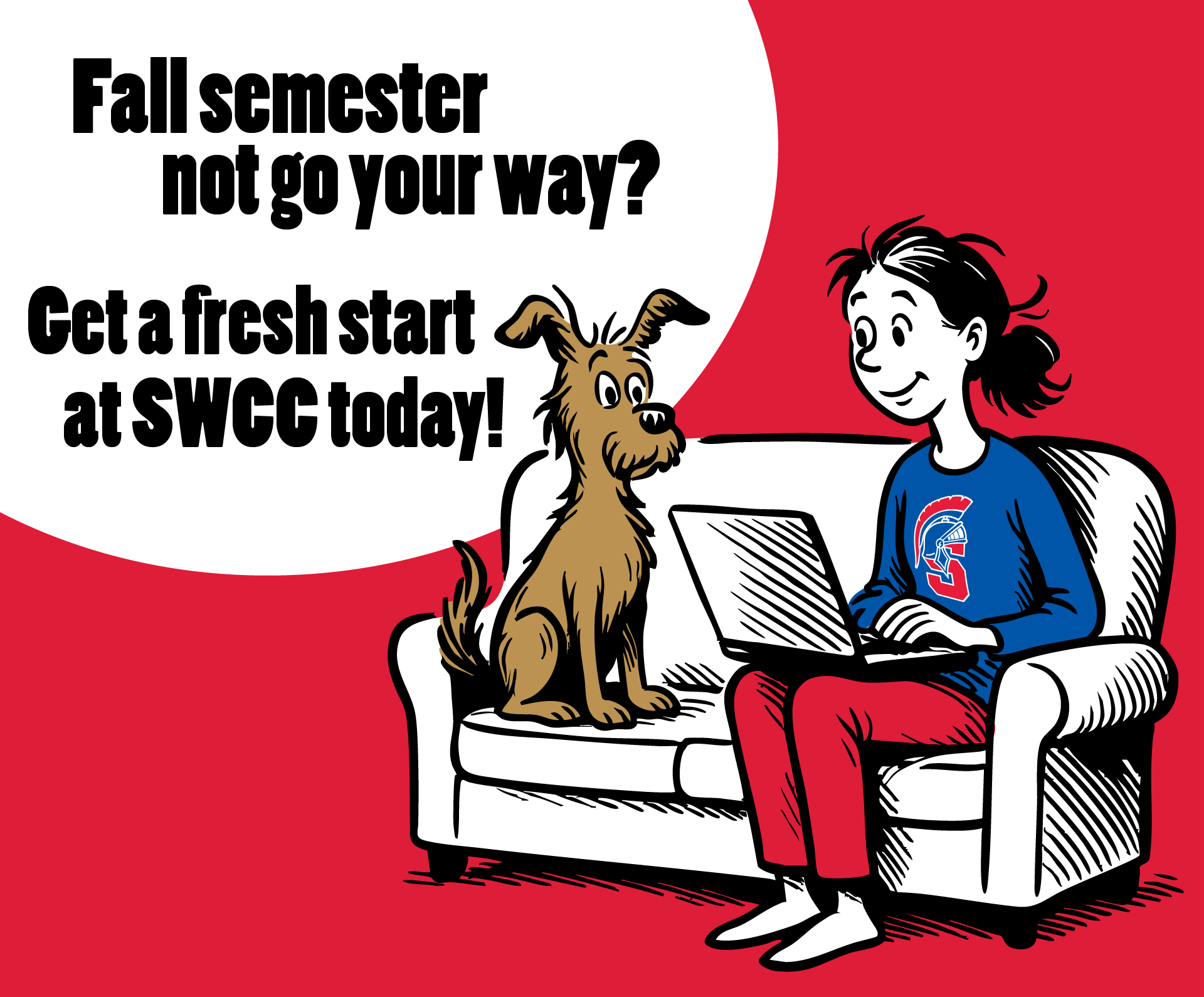 Cartoon girl sitting on couch working on laptop with dog beside her