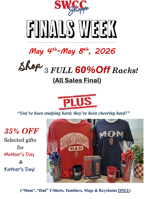 Finals Week Sale info from article with picture of SWCC mom and dad gift items and apparel