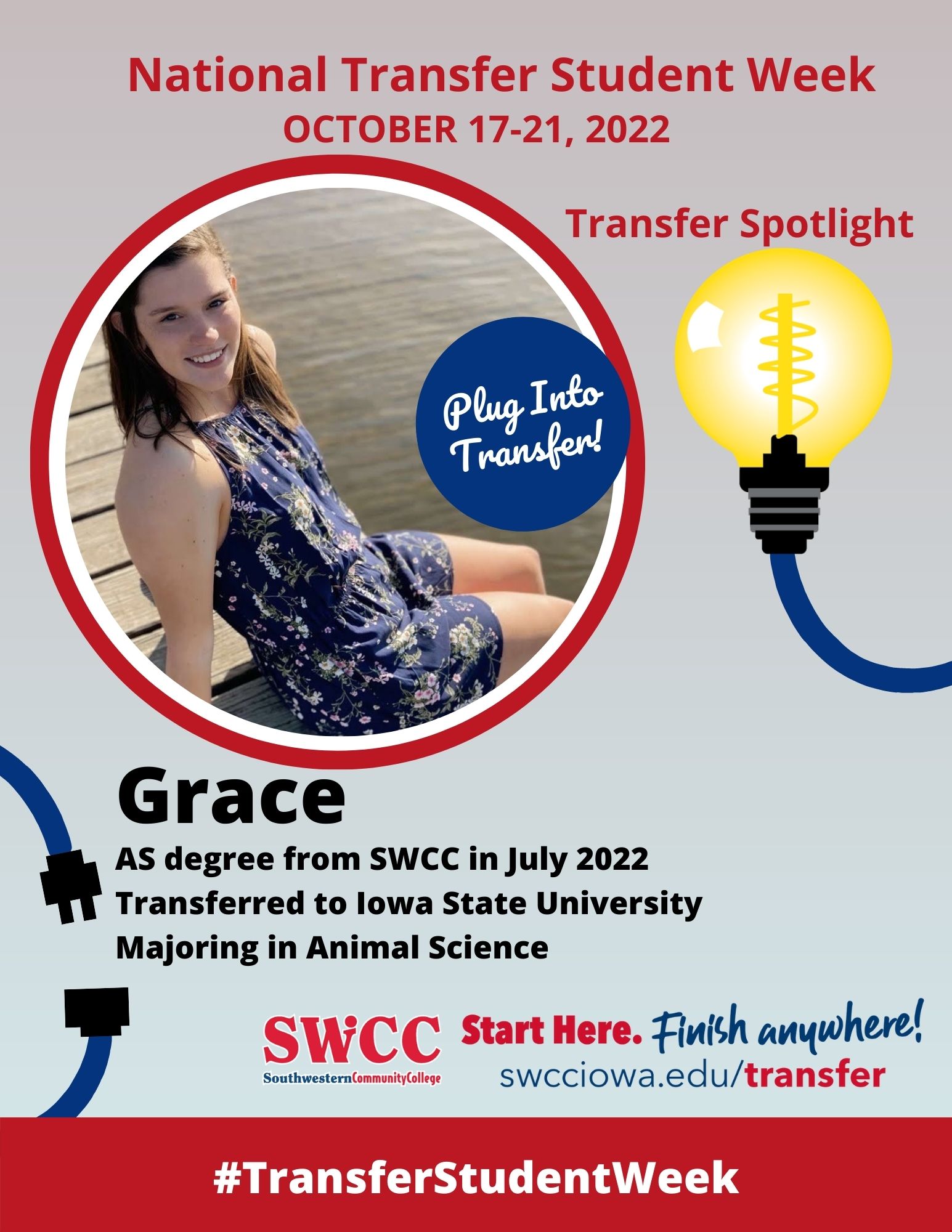 Transfer poster featuring SWCC grad Grace who transferred to Iowa State for animal science