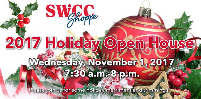 Holiday Open House graphic with tree ornaments and holly