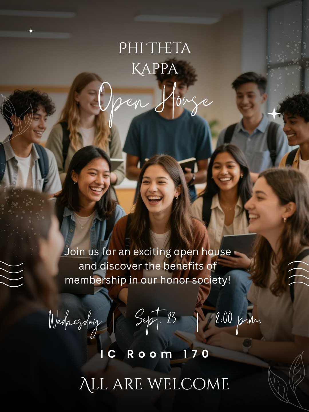 Photo of a group of students meeting and smiling in a college setting