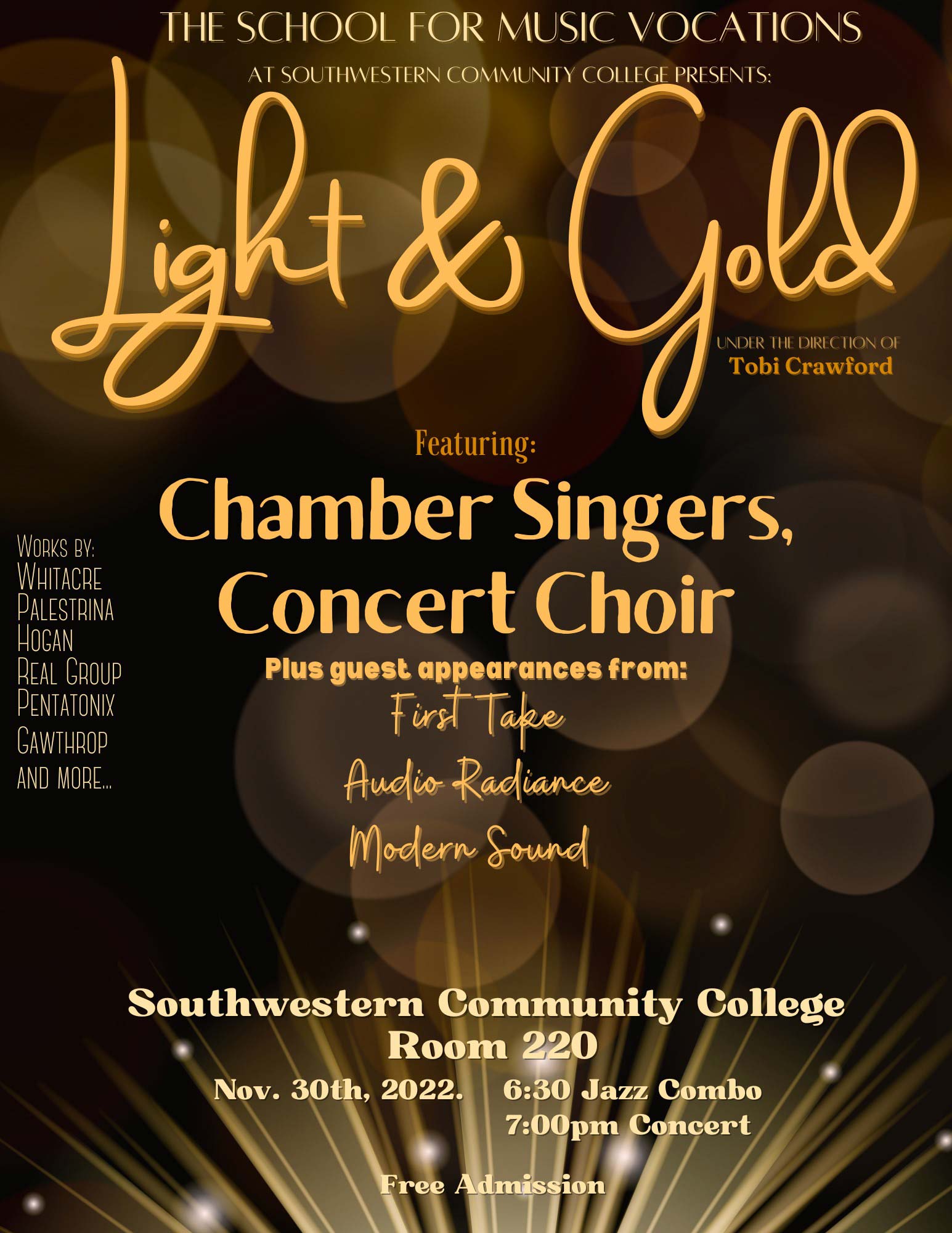 Light & Gold concert flyer featuring event details