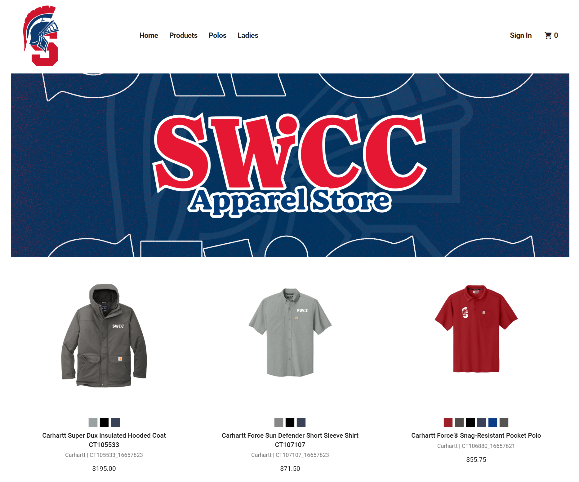 Screenshot of homepage for apparel store with logo and three shirts showing