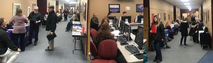 Three photos of people browsing tables at the Red Oak Center Career Fair