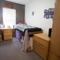 Single bedroom with lofted bed, dresser, and desk.