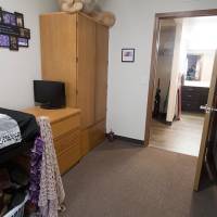 Single bedroom with lofted bed, dresser, and desk.