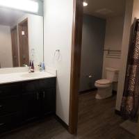 View of the shared bathroom area with sink and the private toilet and shower.